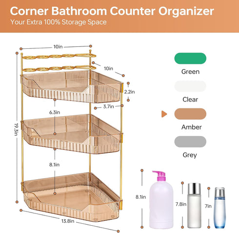 Counter Countertop, 3-Tier) Corner Bathroom Organizer with Makeup Brush Holder & Toothbrush Holders, Makeup Organizer