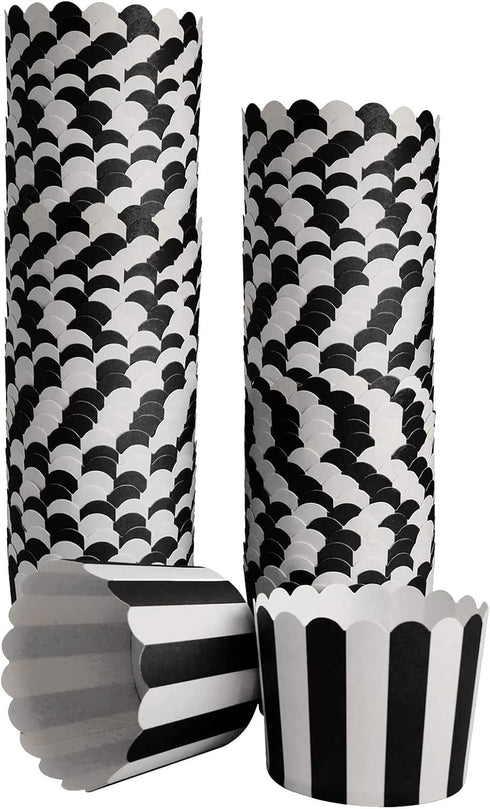 100 Pack Black and White Stripes Muffin Liners - Elegant Baking Cups for Cupcakes, Birthday Parties, Weddings