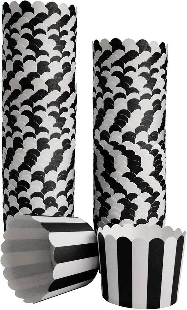 100 Pack Black and White Stripes Muffin Liners - Elegant Baking Cups for Cupcakes, Birthday Parties, Weddings
