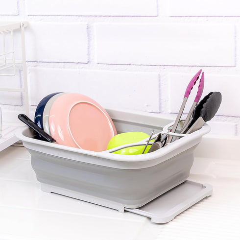 SAMMART Collapsible Dish Drainer with Drainer Board - Foldable Drying Rack Set - Portable Dinnerware Organizer (Grey)
