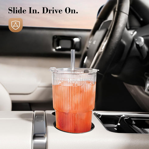 20oz 4 Pack GOSCHE Glass Tumblers with Straws and Lids, Ribbed Iced Coffee Cups Leak-proof, Dishwasher Safe, Thickened
