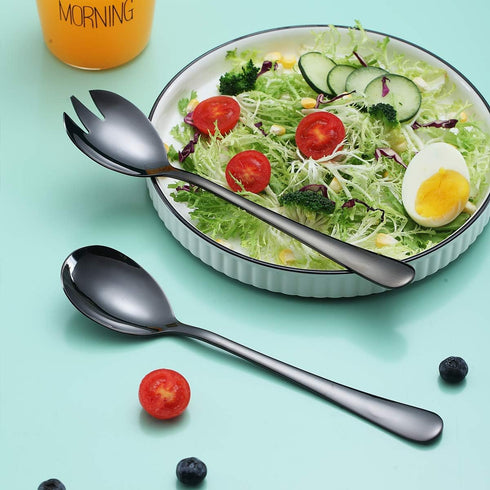 Berglander Black Salad Server Set, Stainless Steel Salad Serving Set with Titanium Black Plating, Pack of 2 (Shiny