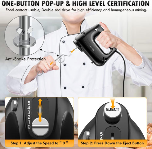 Electric Hand Mixer with Stainless Steel Whisk, Dough Hook Attachment, Storage Bag, Turbo Boost / 5 Speed Kitchen