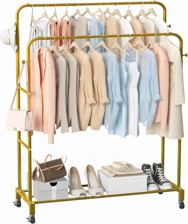 Sooyee Double Rod Clothing Rack with Wheels,3 Tier Garment Racks for Hanging