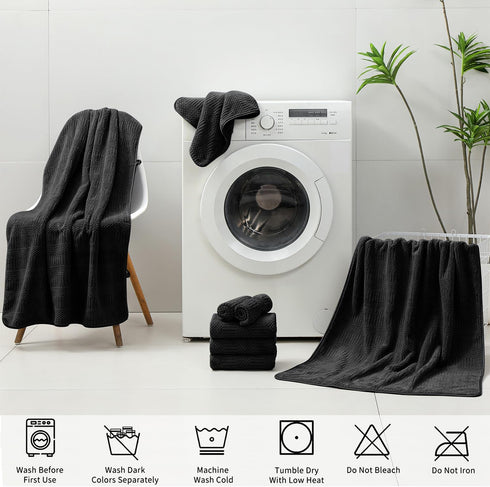 18 Set-6 Sheets,6 Towels,6 Set Pcs Black Woven Family Towels Bath Hand Washcloths Soft Polyester Towels Absorbent