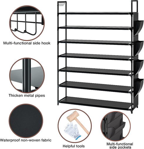 7 33.3in 11.2in 48.7in 28-35 OYREL Large Capacity Tier Shoe Rack, Black, Wide x Deep x Tall, Holds Pairs of Shoes