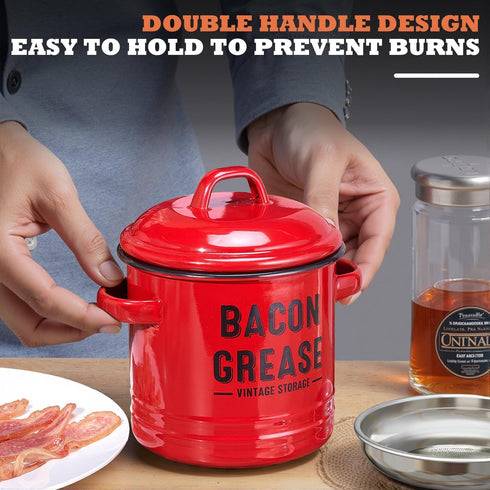 46OZ Bacon Grease Container with Strainer - Large Red Kitchen Oil Storage Can, Food Saver Bin with Lid | Farmhouse