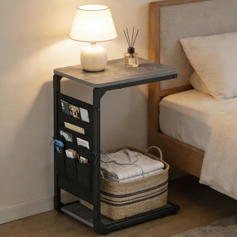 Vovonusy ET-P-GY1 Wood Pedestal Small TV Trays for Eating, C Shaped End Table Storage Bag, Sofa Side Table for Couch