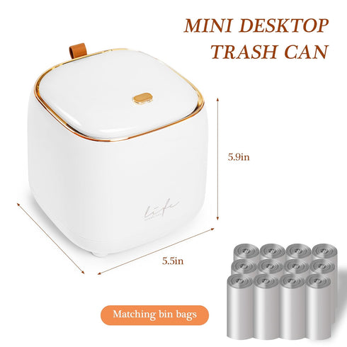 QINSIGN Countertop 12 Mini Trash Can with Rolls of Bags, Desk Can with Press Type Lid, Applicable for Bathroom Vanity