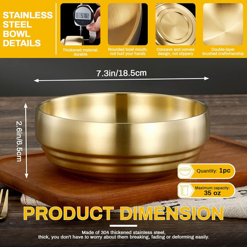 7.3In Gold Large Stainless Steel Soup Bowl, 35OZ Double Walled Sashimi Dish, Unbreakable Serving Bowl Rice Bowls Soup Bowl Salad Bowl Noodle Bowl for Restaurant, Home (1) by Roucerlin