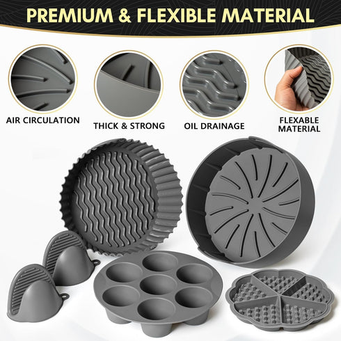 EM 5-Pack Air Fryer Silicone Liners - Includes Silicone Mitts, Egg Bites Tray & More for 3-5 Quart Fryers