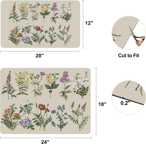 LOKHOM Dish Drying Mat, 12"x20" Absorbent Coffee Bar Mat with Vintage Sage Flower Herbs for Kitchen Counter