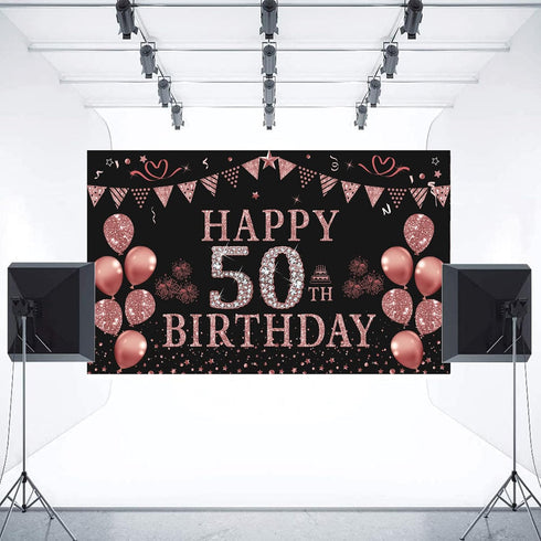 Trgowaul 50th Birthday Decorations for Women - Rose Gold 50th Birthday Banner Backdrop, Happy 50th Birthday Party
