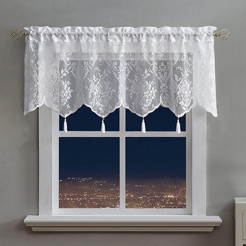 Sheer White Lace Curtain Valance for Kitchen Small Window, Boho Floral Rose Pattern, 1 Panel 52"×18" for Living Room,