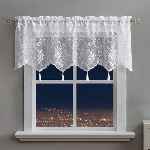 Sheer White Lace Curtain Valance for Kitchen Small Window, Boho Floral Rose Pattern, 1 Panel 52"×18" for Living Room,