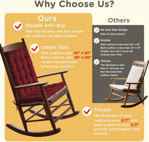Set 1 Pack 20x20 Inch Rocking Chair Cushion Indoor Extra Large Rocking Chair Pads High Back Non Slip Textured Seat