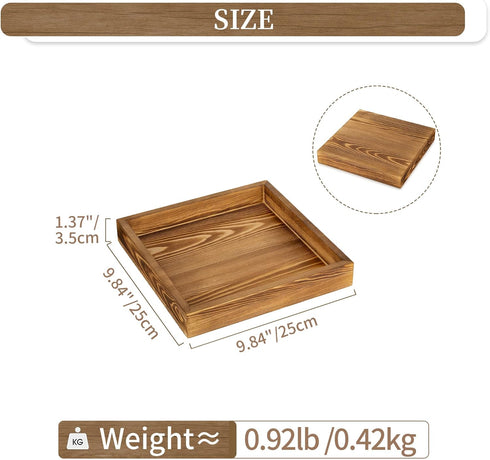 9.8" Hanobe Square Wooden Ottoman Tray: Small Square Tray Torched Wood Farm House Serving Plate for Coffee Table Rustic
