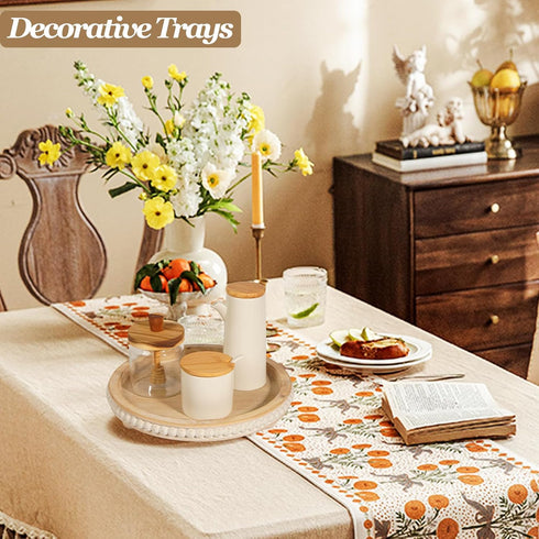 Counter Decorative Coffee Table Tray, Round Wooden Tray Decor Log Beaded Distressed Rustic Farmhouse Centerpiece