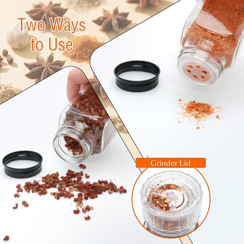 Gakshzbds 15 Pack 8oz Glass Spice Jars with Grinders, Square Spice Bottles with Deeper Shaker Lids & Airtight Metal