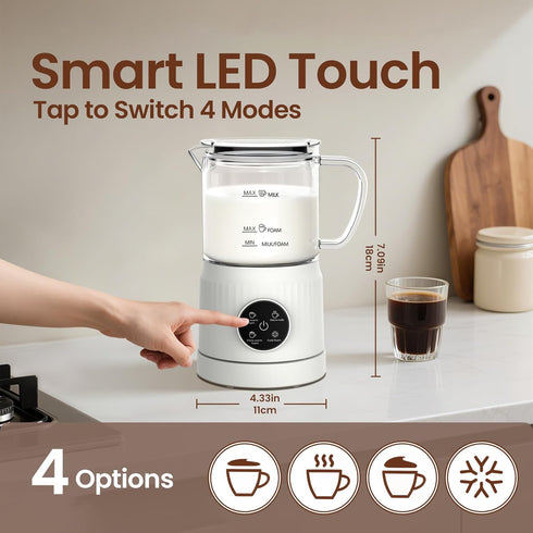 4-in-1 13.52oz Casimhu Milk Frother, Electric Milk Frother and Steamer with LED Touch Screen, Ceramic Lining Bottom