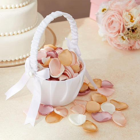 White Flower Girl Basket with Satin Bowknot & Pearl Design - 8 x 5.2 x 6 Inch, Ideal for Wedding Party Accessories