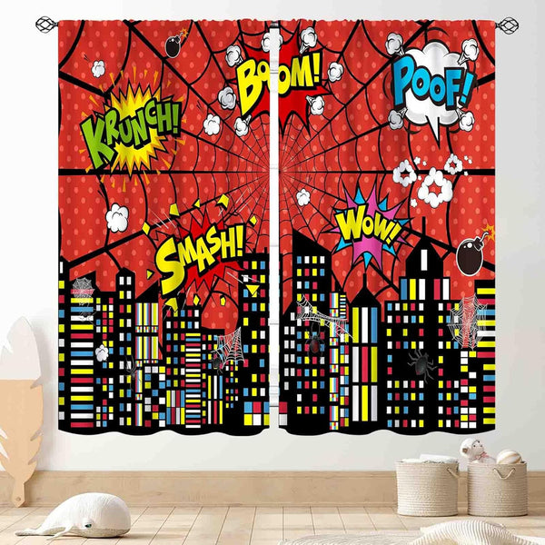 Superhero City Curtains for Boys, Red Spider Web Cityscape Blackout Window Curtains, 2 Panel Sets for Baby Room,