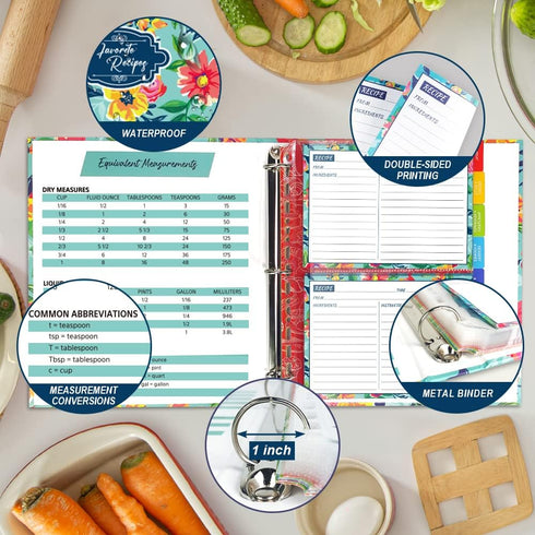 Recipe Binder, 9.5 x 11 inch 3 Ring Kit with 50 Protectors, 100 Recipe Cards & 8 Category Divider Tabs