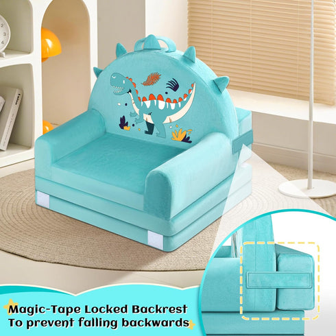 Cozy Dinosaur Kids Sofa Bed with Removable Washable Cover & Magic-Tape Backrest Foldable Toddler Chair, Crystal Velvet