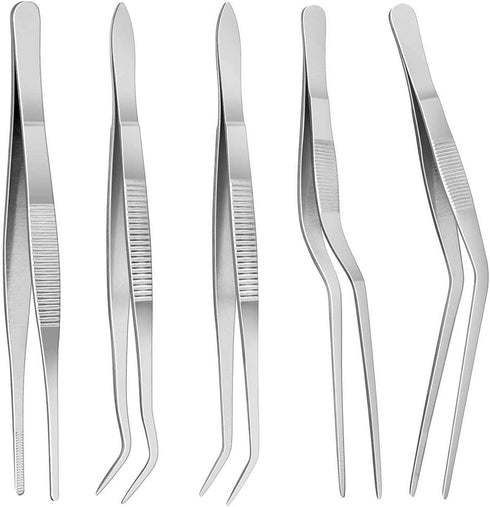 5pc Precision Cooking Tweezers, Stainless Steel Curved Tongs for Kitchen Plating, Baking, Decorating, Beauty