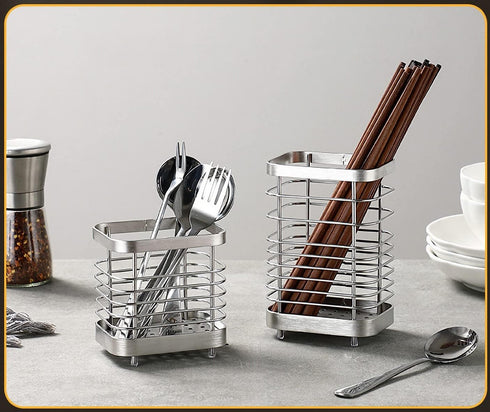 Kitchen Utensil Holder, Stainless Steel Drying Caddy, Rust-Proof Cutlery Organizer for Kitchen Utensils, Silver