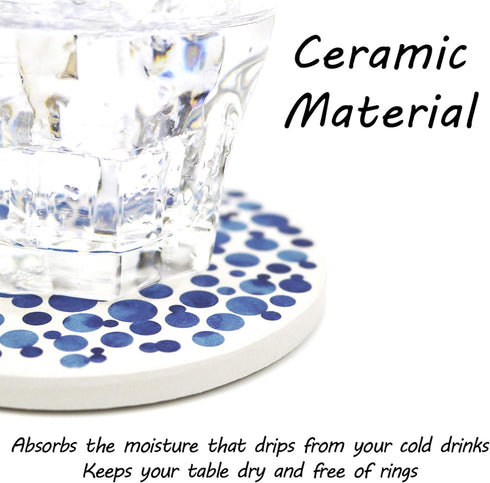 AD Set of 6 Absorbing Round Ceramic Coasters with Cork Base, Tabletop Protection Mat for Mugs & Cups (Indigo Blue)
