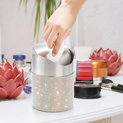 ZOOFOX 1.5 Liter Countertop Trash Can, Bling Rhinestone Garbage Bin with Swing Lid for Home, Office, Vanity Tabletop