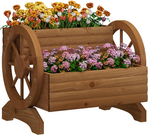 PULIJIAJU Wooden Wagon Planter Flower Cart with Wheels Garden Box Garden Planter, Decorative Planter for Flowers Herbs