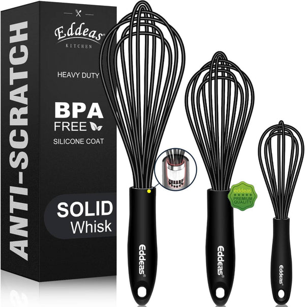 Silicone Whisks for Cooking, 3pcs Black Whisk Set (7+9+11in) - Non Scratch Kitchen Utensils to Protect Ceramics,