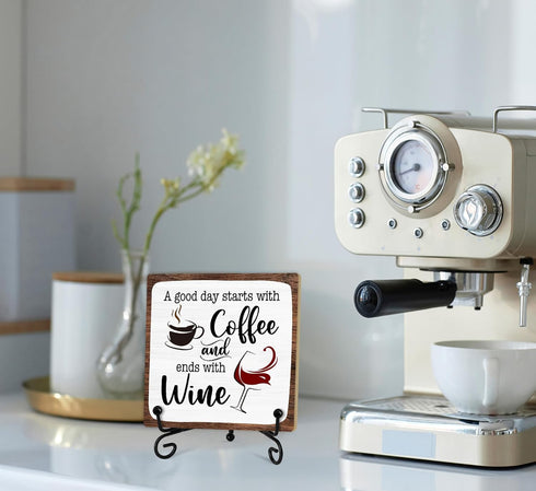 Coworker-01 Coffee And Wine Desk Decor Sign, Rustic Wooden Sign With Stand, A Good Day Starts With Coffee And Ends