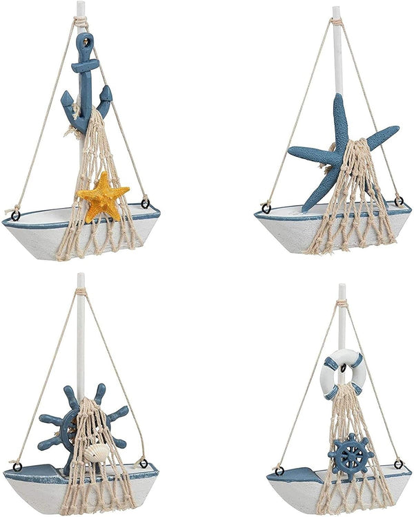 Juvale Mini Wooden Sailboat Models for Nautical Decor - 4 Pack, 4.4