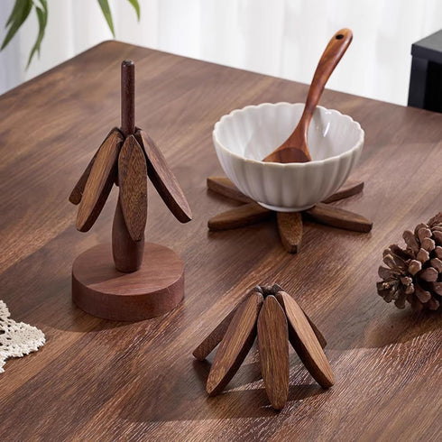 DEOLD Set, Set 4 Wooden Placemats - Tree Washer Wooden Pinwheel Coaster with Stand for Easy Storage - for Fondue pots