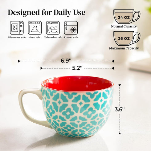 24oz Set 4, DOWAN Mosaian Soup Mugs, Large Coffee Mugs of Soup Mugs With Handles, Ceramic Mugs