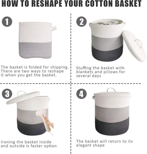 Large 60L Storage Basket with Lid, 16"Wx18"H Woven Cotton Laundry Basket, Dark Gray/Gray/White Mix