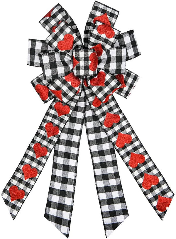 Hying Large Valentine's Day Bows for Wreath, Black White Buffalo Plaid Bows with Glitter Red Hearts for Decorations
