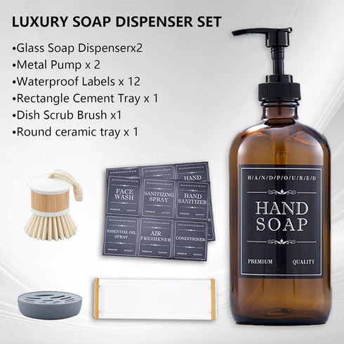 Set 16oz 12 (Set 6) Soap Dispenser Refillable Amber Glass Bottles with Brush Holder, Dish Scrub, Diatomite Tray