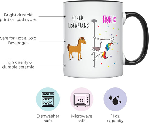 YouNique Designs Librarian Coffee Mug, 11 Ounces Unicorn Mug, Library Gifts, Retirement Mugs, Black Handle