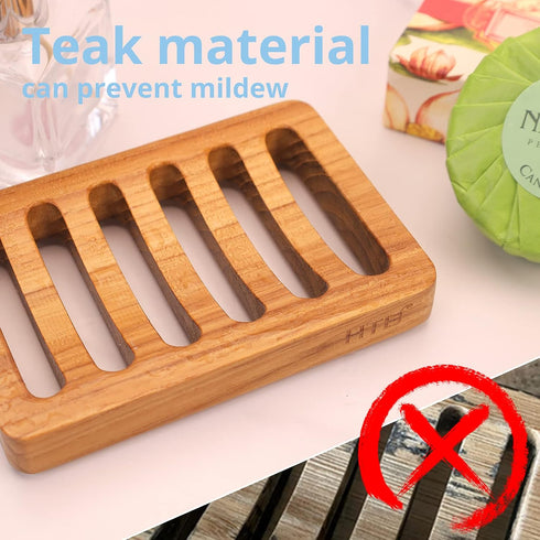 HTB Slotted Soap Dish 2 Pack Teak Wood, Self Draining Kitchen Sponge Holder for Shower, Sink, Bathroom