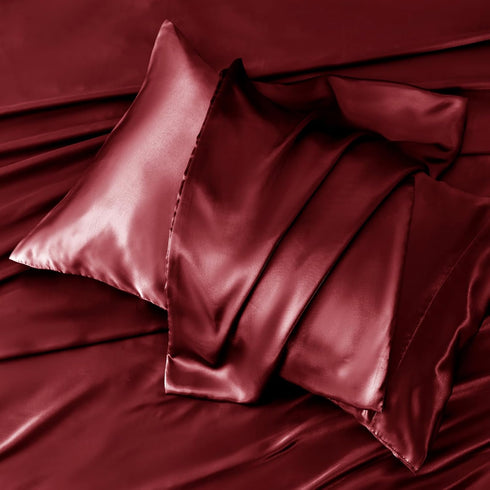 CozyLux Satin Sheets Queen Size - 6 Piece Burgundy Bed Sheet Set with Silky Microfiber and Deep Pocket Fitted Sheet