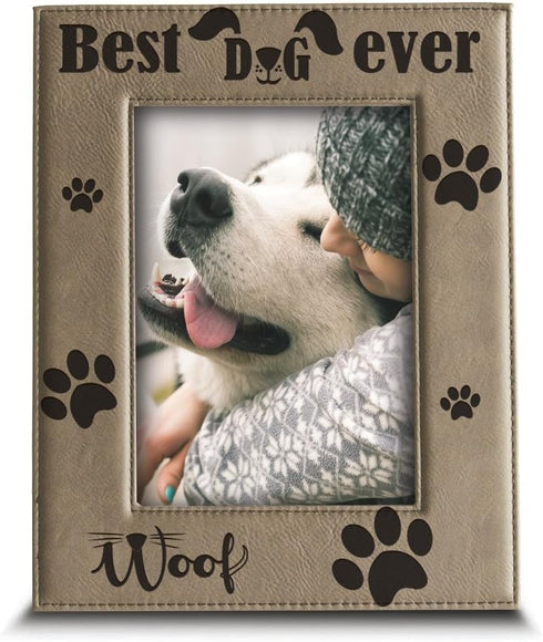 BELLA BUSTA - Best Dog Ever - Engraved Leather Picture Frame, Christmas, Birthday Keepsake for Dog Lover, 5x7 Vertical