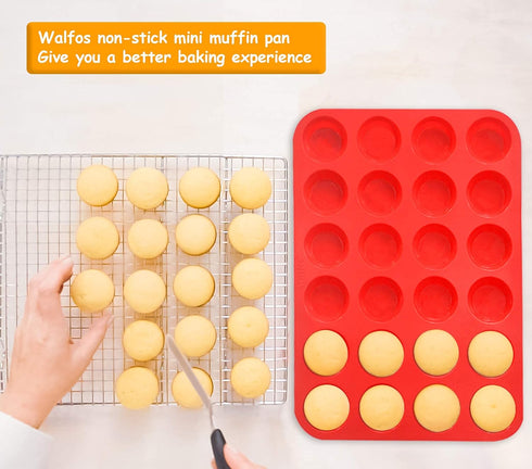 Walfos Mini Silicone Muffin Pan - 24 Cups, Non-stick Baking Pan, BPA Free and Dishwasher Safe