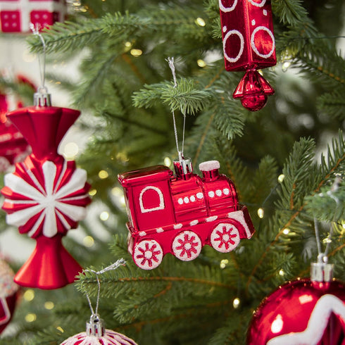 Set, 70 Christmas Tree Ball Ornaments ct Classical Red White Candy Train Theme Xmas Assorted Ornaments, Shatterproof