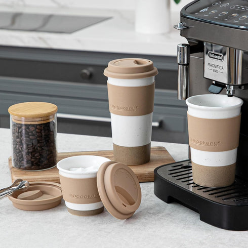Set, Nucookery Ceramic Travel Coffee Mug Coffee Tumbler with Silicone Lid and Non-Slip Sleeve, Unique To Go Mug, Gifts