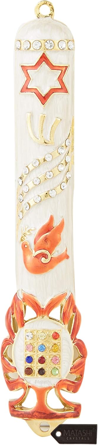 Matashi Hand Painted 5.7" Red and White Dove Mezuzah with Gold Accents and Star of David for Home Decor Gift