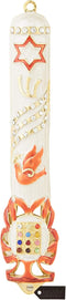 Matashi Hand Painted 5.7" Red and White Dove Mezuzah with Gold Accents and Star of David for Home Decor Gift